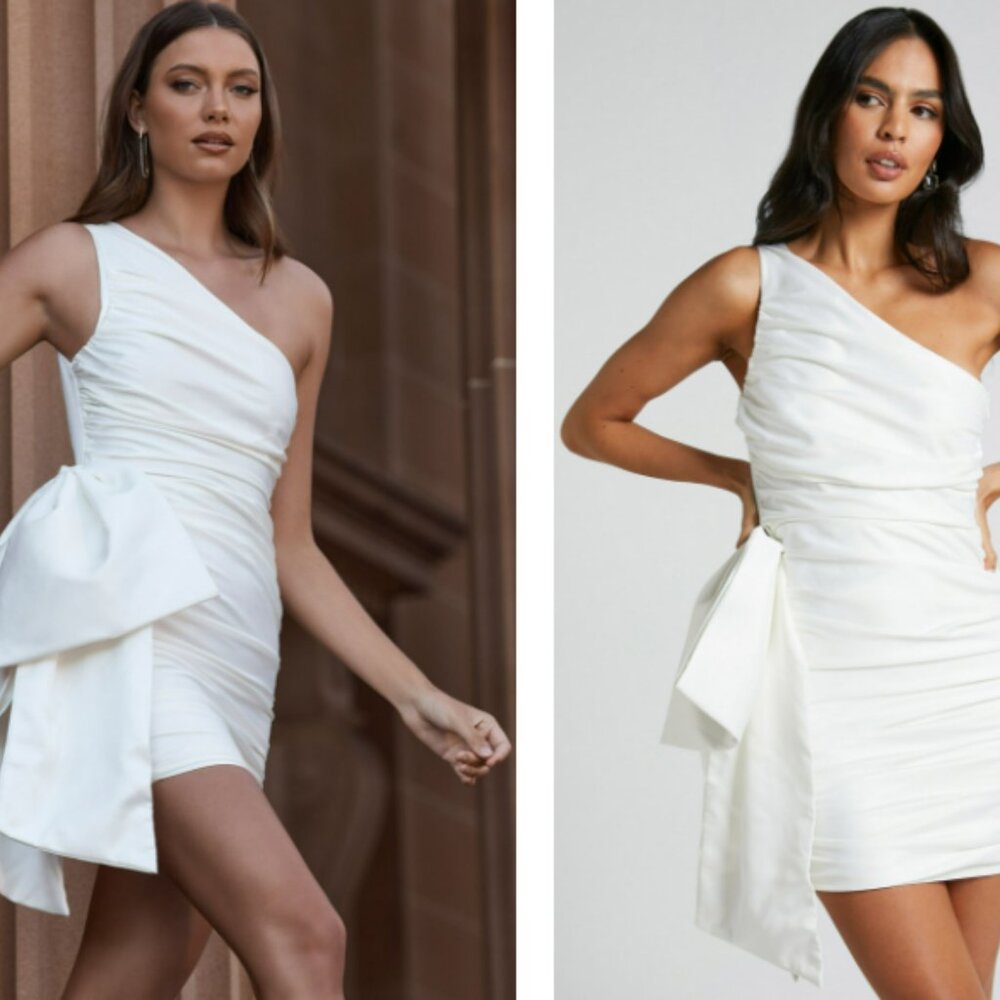 BRAND NEW WITH TAGS: BETTY MINI DRESS - ONE SHOULDER SIDE BOW GATHERED DRESS IN